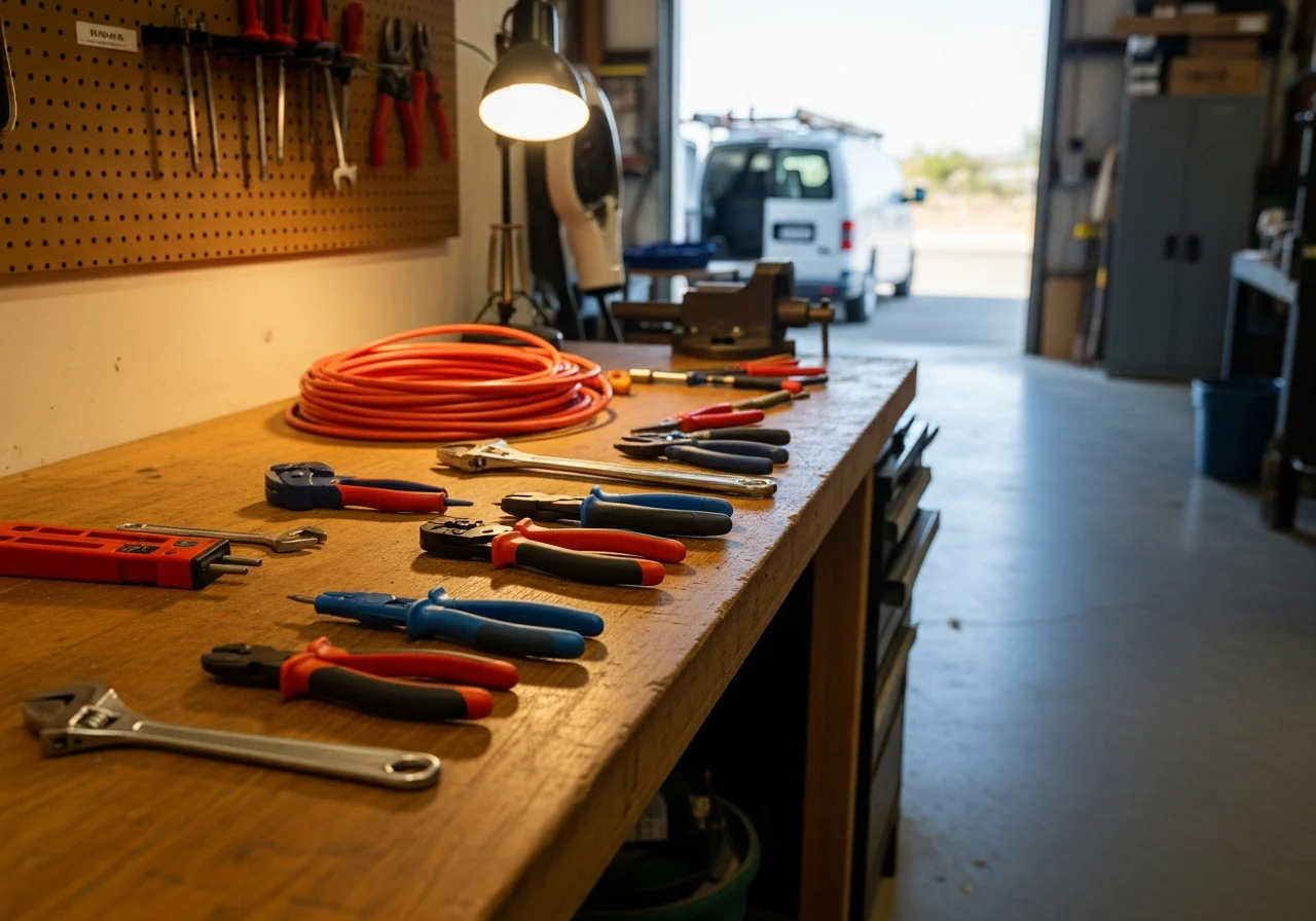 Electrician tools and equipment on workbench, ready for residential service calls.