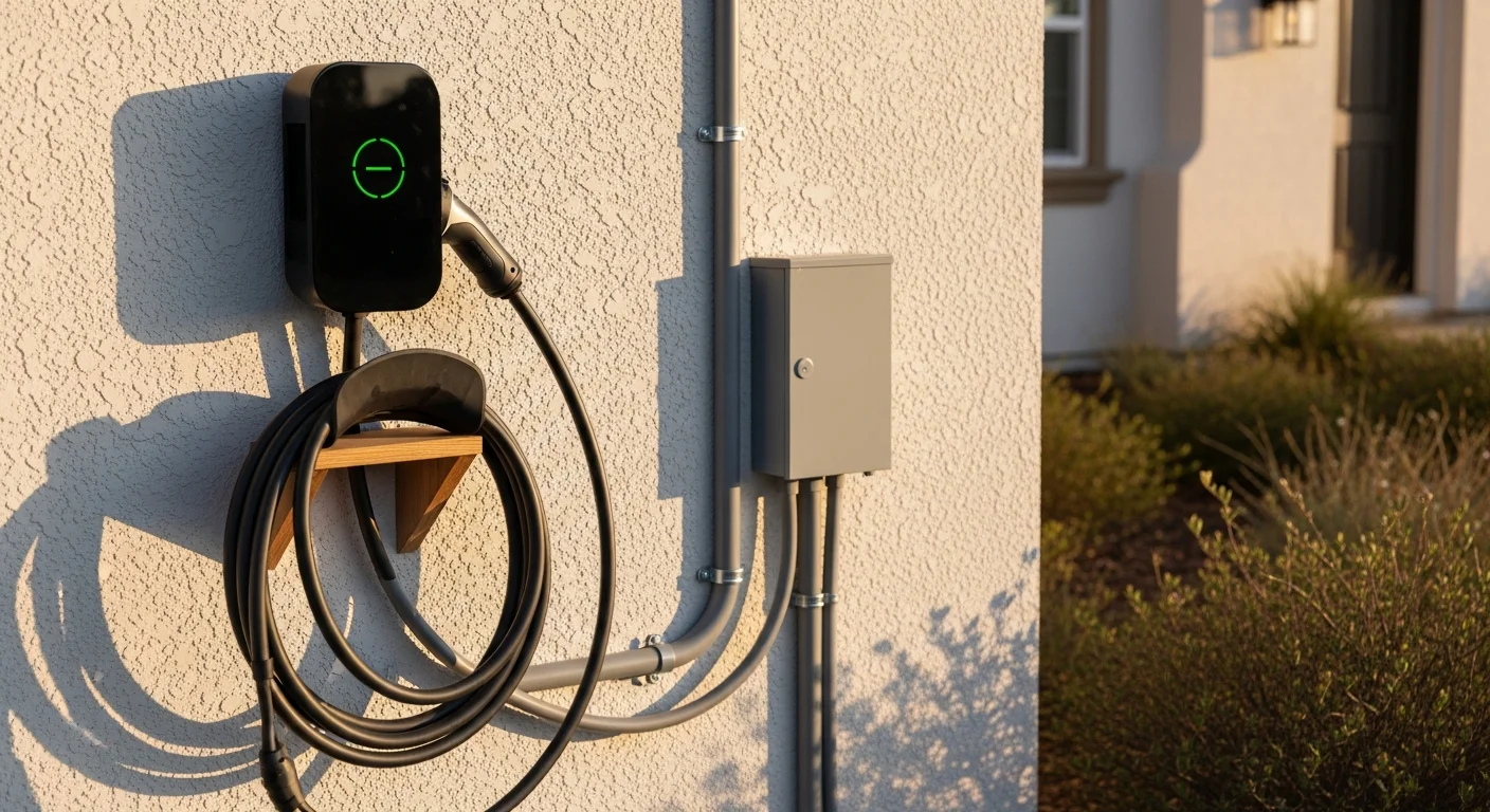 Electric vehicle charging station installed in residential garage