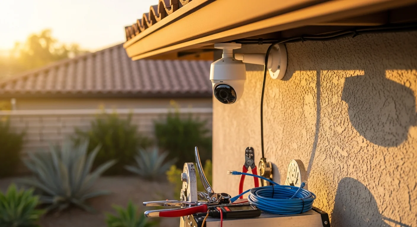 Security camera mounted on exterior of residential home
