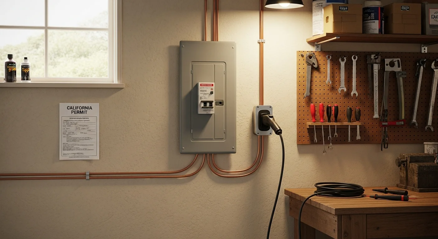 A licensed electrician from Truth Electric Solutions installing a dedicated 240-volt circuit breaker in a residential electrical panel in a San Carlos garage. A Level 2 EV charging station is mounted on the garage wall in the background.