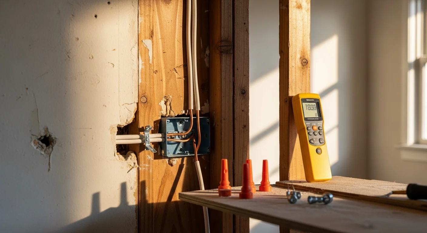 A licensed electrician from Truth Electric Solutions installing new copper wiring inside the wall cavity of a mid-century single-family home in San Carlos, California. The image shows exposed wall framing with modern wiring routed cleanly between studs, replacing old cloth-covered conductors.