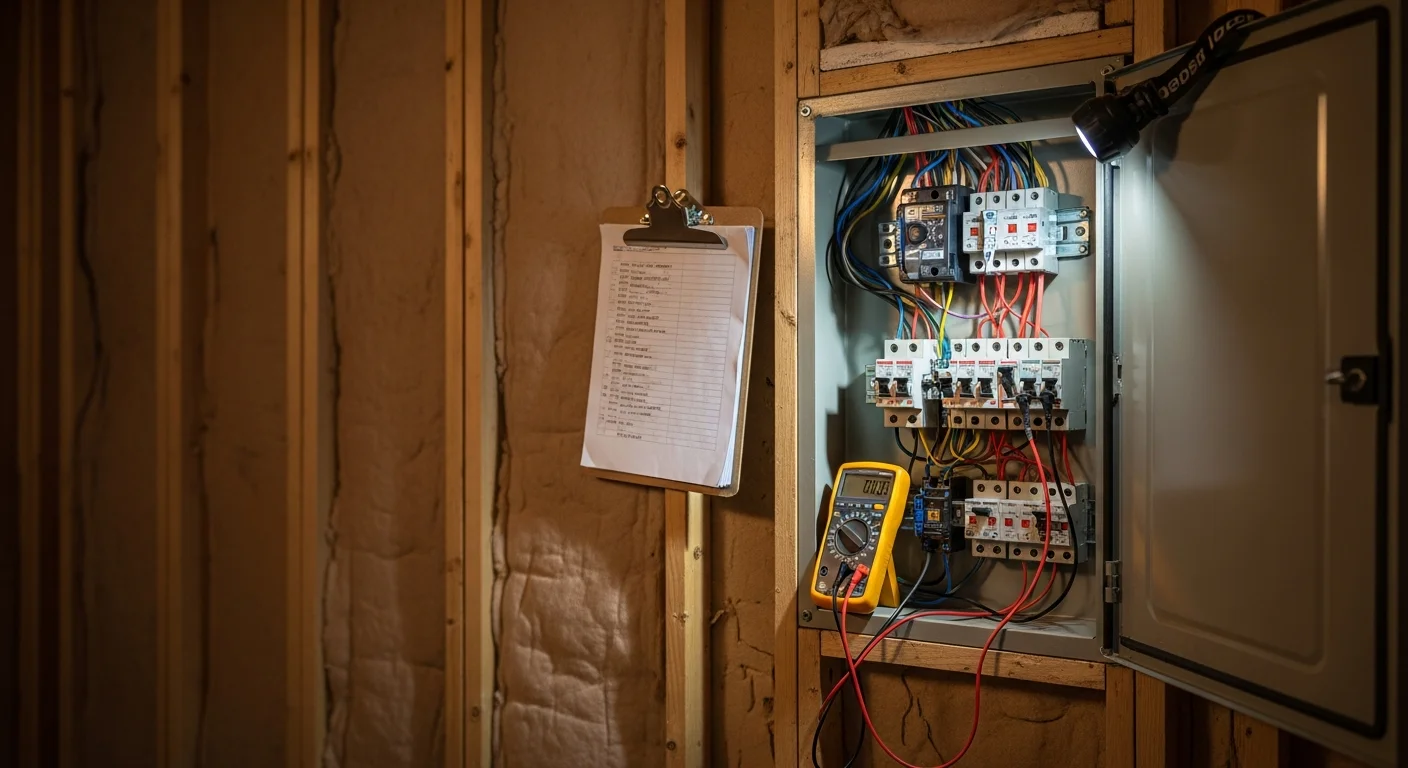 A licensed electrician from Truth Electric Solutions inspecting an open residential electrical panel inside a San Carlos home, checking breaker condition and wiring connections.