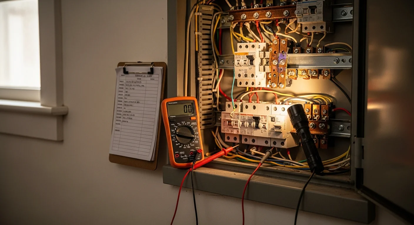 A licensed electrician from Truth Electric Solutions inspecting a residential electrical panel in a San Carlos home, with a circuit tester in hand and wiring visible inside the open panel door.