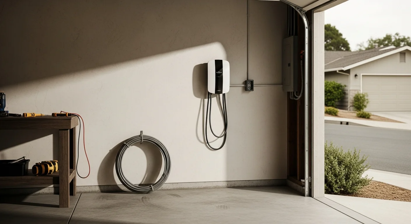 A Level 2 EV charger mounted on the interior wall of an attached garage at a single-family home in San Carlos, CA. A black charging cable hangs neatly from the unit with a sedan parked in the driveway.