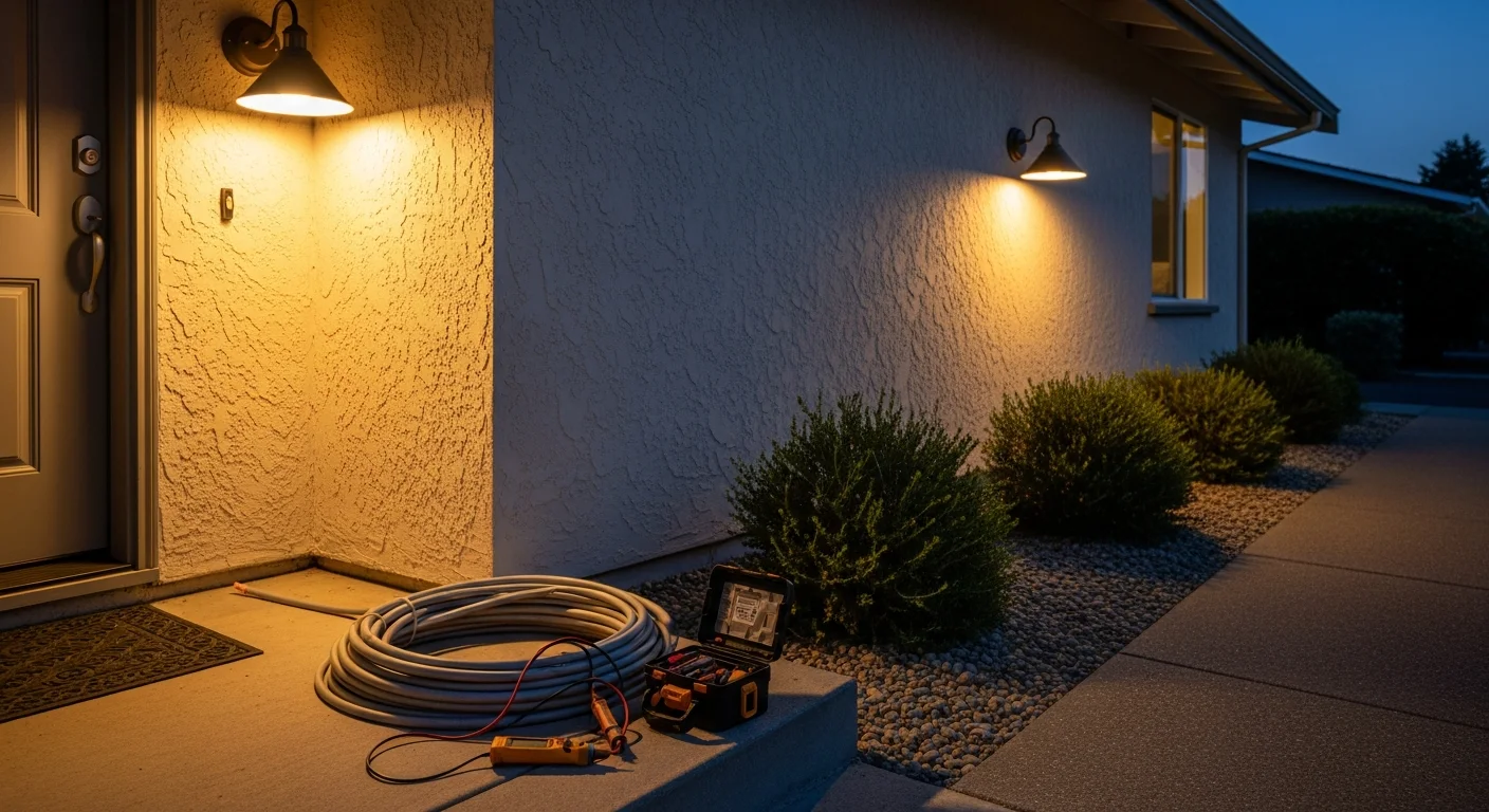 A San Carlos single-family home at dusk with wall-mounted entry sconces, low-voltage pathway lights along the front walkway, and downward-directed flood lighting above the garage. Exterior fixtures are visibly shielded and aimed toward the ground in compliance with local lighting standards.