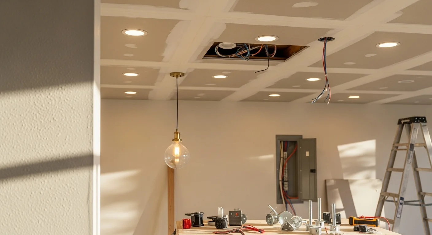 A licensed electrician from Truth Electric Solutions installing recessed ceiling lights in a single-family home in San Carlos, California. The finished living room shows evenly spaced fixtures with clean trim rings against a white ceiling.