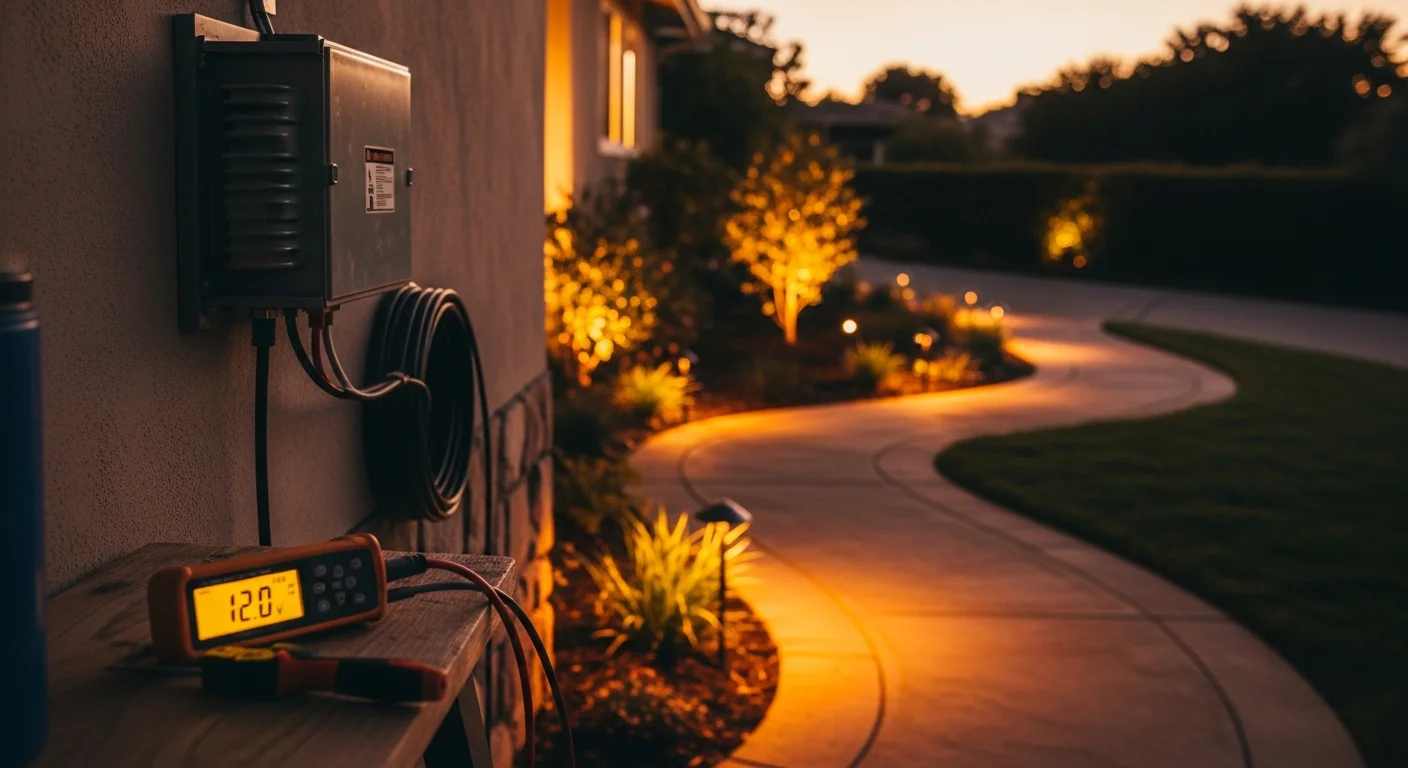 Landscape lighting fixtures installed along a sloped front walkway at a mid-century ranch home in San Carlos, California, with path lights illuminating the driveway edge and accent lights highlighting low shrubs at dusk.