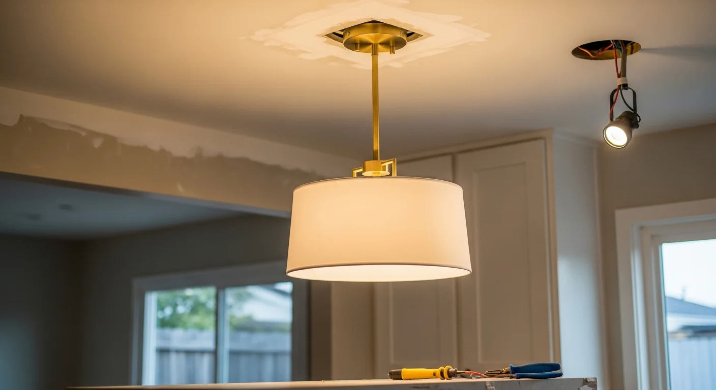 A licensed electrician from Truth Electric Solutions installing a modern ceiling light fixture in a single-family home in San Carlos, California. The finished fixture is mounted flush to the ceiling in a bright, updated living room.