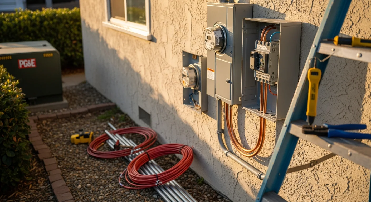 A licensed electrician from Truth Electric Solutions installs a new 200-amp main service panel on the exterior of a single-story residential home in San Carlos, California. The new panel is mounted flush to the stucco wall with a clean conduit run leading to the utility meter base.