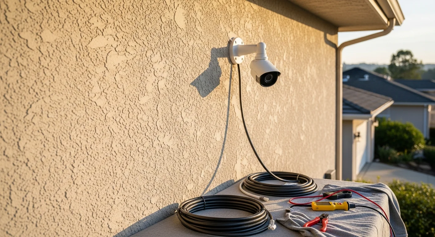 A licensed electrician from Truth Electric Solutions mounting an outdoor security camera on the eave of a single-family home in San Carlos, CA. The camera is positioned above the front entry with clean wiring routed along the roofline toward the interior panel.