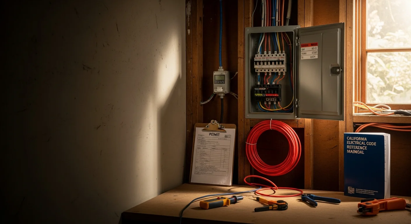 A licensed electrician from Truth Electric Solutions wiring a new residential subpanel mounted in a San Carlos garage, with neatly organized circuit breakers and labeled feeder connections visible inside the open panel enclosure.